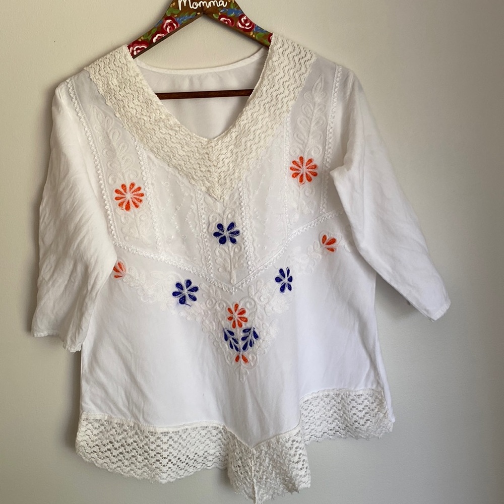 White Embroidered V-Neck Boho Blouse with Blue & Orange Floral Accents